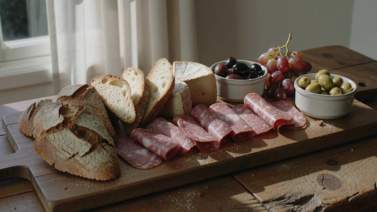 Moving camera after shot opening revealing board near window curtain, focusing bread salami olives