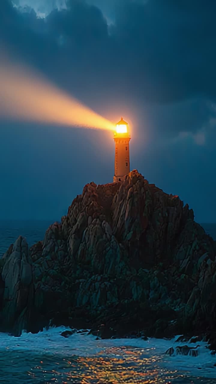 Faro majestuoso que ilumina el océano: una torre de esperanza y guía que se alza imponente contra el cielo que se oscurece, proyectando luz sobre las costas rocosas y las olas agitadas