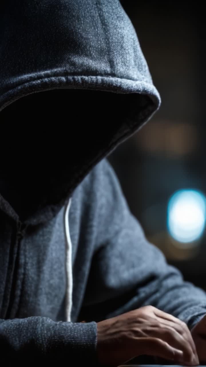 Mystisk figur i hættetrøje engageret i skyggefuld aktivitet, der fremhæver temaer om hemmeligholdelse og anonymitet i et dæmpet oplyst miljø.