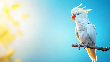 white cockatoo perched on a branch against a bright blue sky