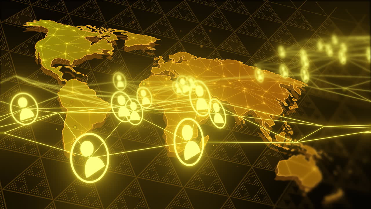 글로벌 네트워크 연결 및 사용자 아이콘 세계 지도에 대한 애니메이션