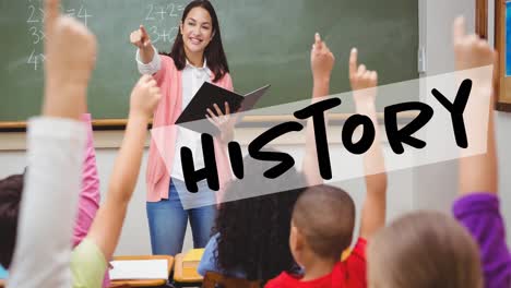 학교 의 수업 에서 가르치는 백인 여성 교사 를 반대 하는 배너 위 에 있는 역사 텍스트