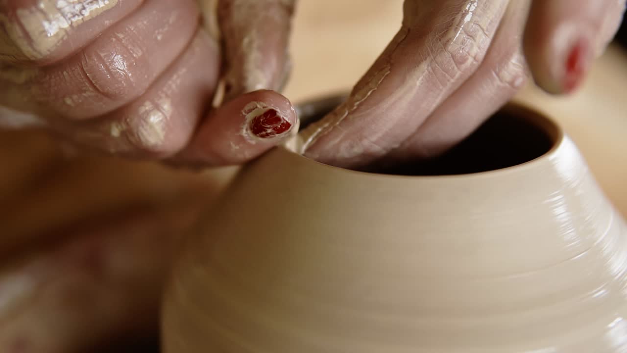 manos femeninas húmedas hábiles de alfarero dando forma a la arcilla en la rueda del alfarero y esculpiendo el jarrón usando los dedos. fabricación de jarrón de forma tradicional. de cerca