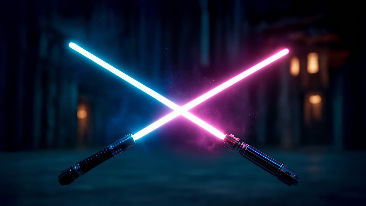 Two duel lightsabers crossed vigorously in an intricate futuristic setting full of action