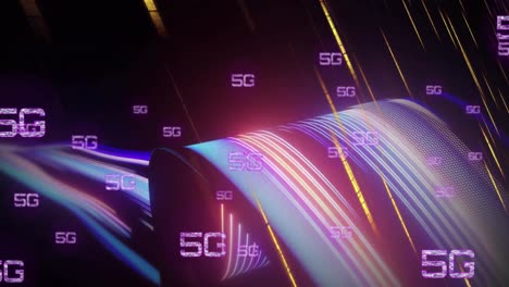 animación de texto 5g y procesamiento de datos en fondo oscuro