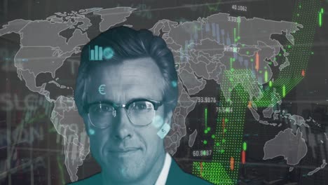 animation of portrait of businessman with multiple graphs and world map over cityscape