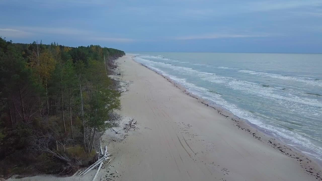 красивый вид с воздуха на побережье балтийского моря в солнечный вечер, закат, золотой час, пляж с белым песком, эрозия берегов, изменения климата, широкоугольный снимок с дрона, движущийся вперед