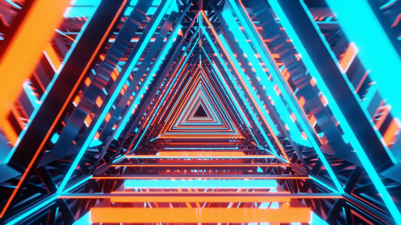 abstract neon luminoso triángulos en movimiento túnel. túnel futurista luces de colores. animación de bucle