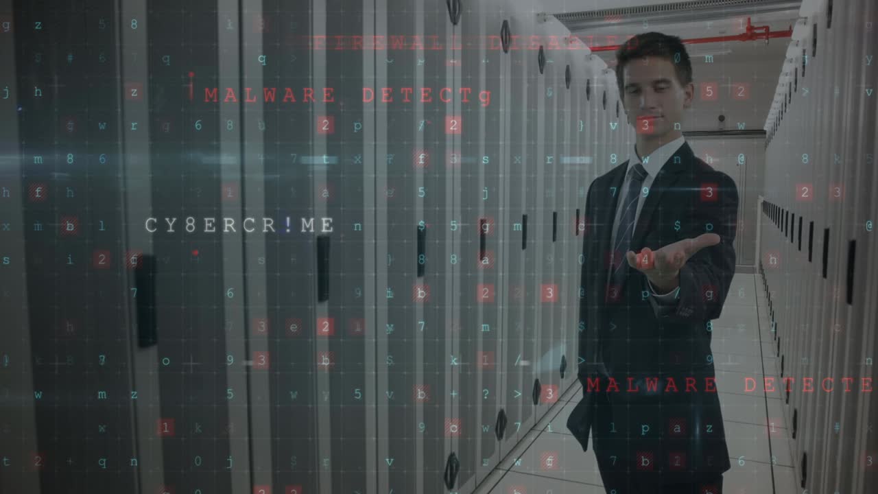 Animation of cyber attack warning over caucasian businessman in server room