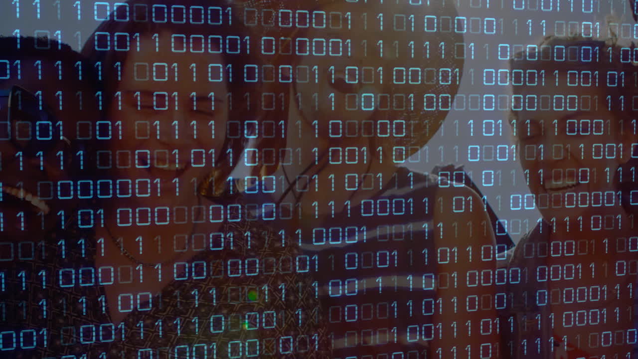 In school, animation of binary code overlaying silhouette of person at computer