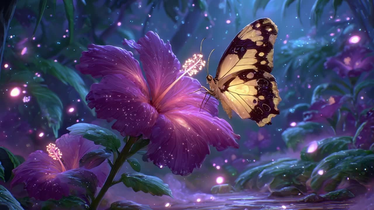 Un incontro sereno: Una bellissima farfalla atterra con grazia su un vibrante fiore di ibisco in un giardino incantato, illuminato da una luce eterea e soffusa.