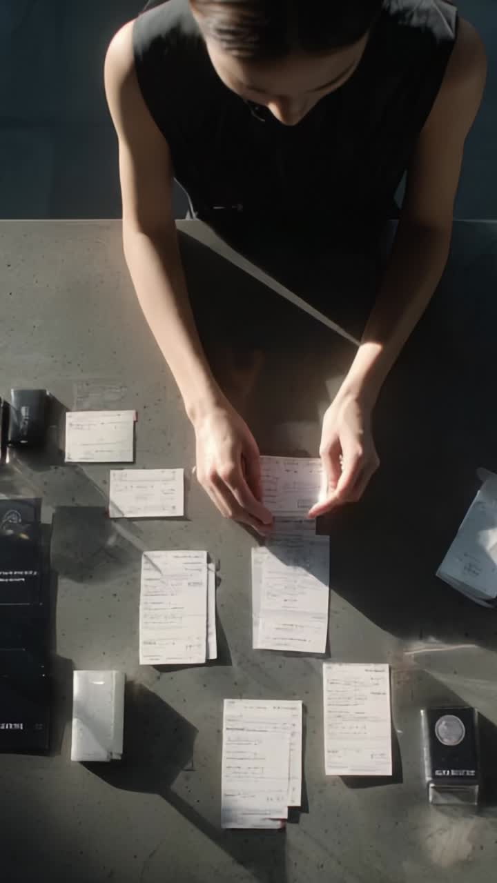 Analyzing Various Receipts and Documents on a Table, Captured from Above with Natural Lighting, Portraying a Thoughtful Examination Process
