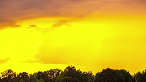 Ein-Blick-Auf-Einen-Goldenen,-Dramatischen-Himmel-Mit-Bunten-Wolken,-Die-Sich-Horizontal-über-Einem-Grünen-Wald-Bewegen