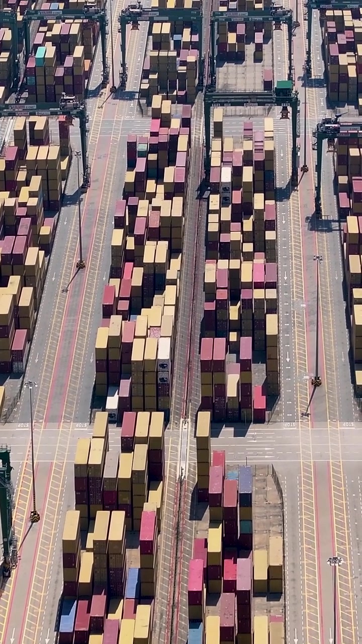 Cargo containers are seen stacked in a busy container terminal in a major port. Cranes move containers as ships are docked for loading and unloading. The activity shows international trade in action.