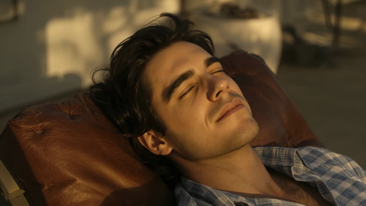 Warming sunlight hitting man's face, reclining man breathing on patio, wearing blue checked shirt