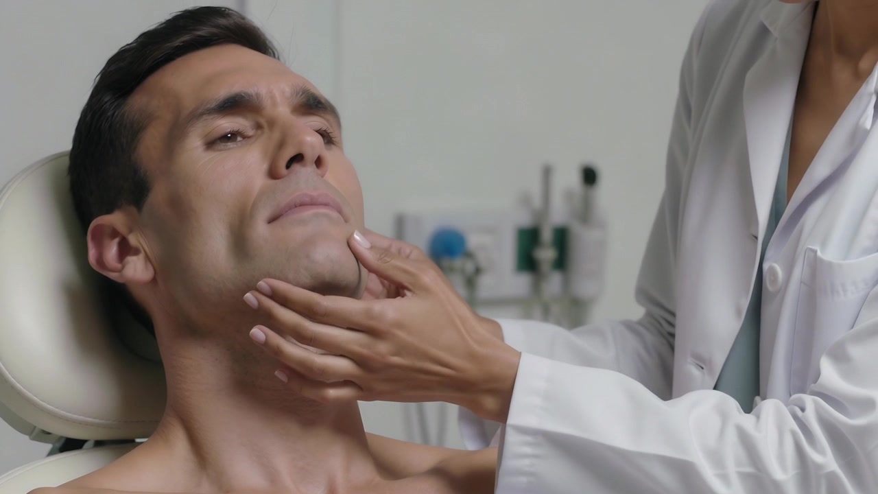Clinico in camice che posiziona le mani palpando la mascella e il collo di un paziente a torso nudo in clinica per una valutazione.