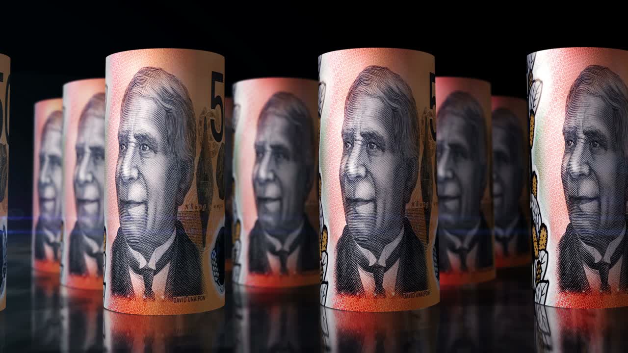 billetes de dinero en dólares australianos enrollados en un bucle sin costuras
