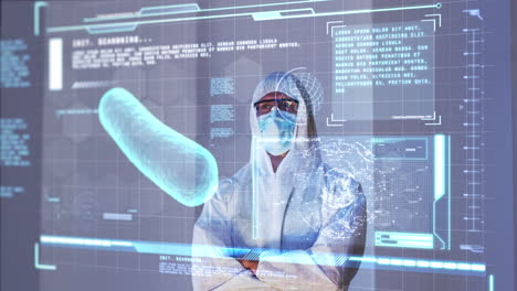 animation of scientist standing behind interactive screen with medical data processing