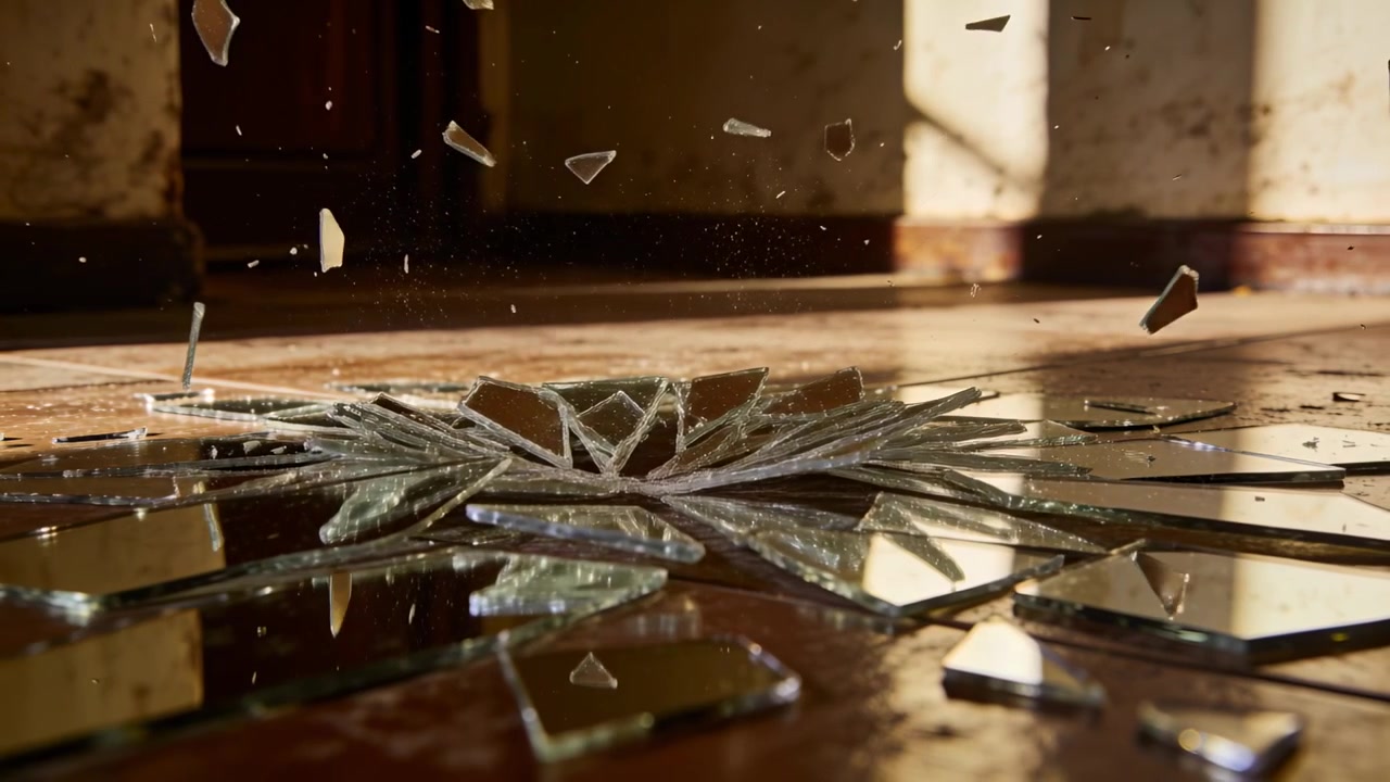 Breaking mirror sending fragments falling and settling across hard floor, sunlight glinting