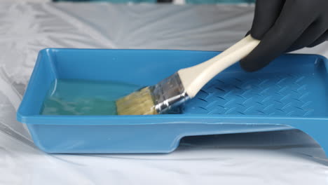 cleaning paintbrush in paint tray