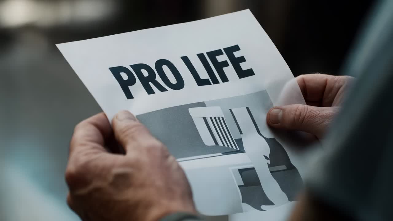Holding male hands adjusting leaflet at lobby, seeing PRO LIFE, inspecting gray graphic and watch