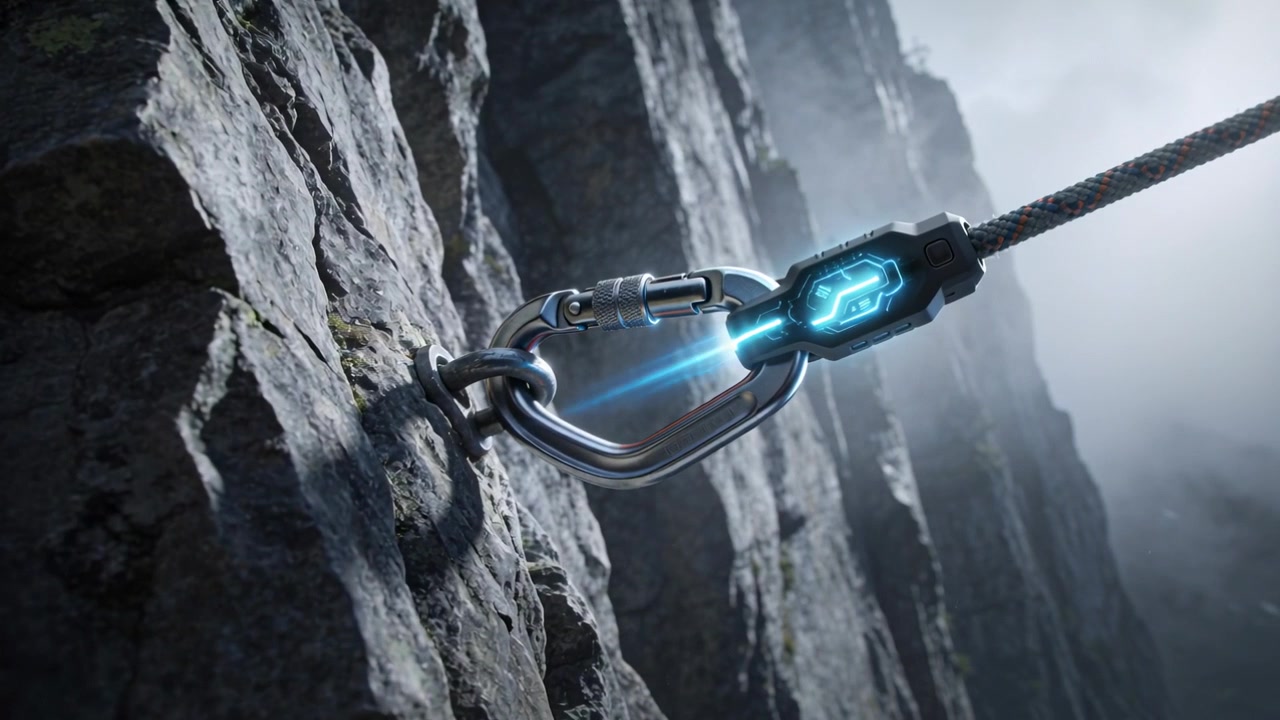 Pulsing inline connector activating carabiner on steep cliff face, linking rope and bolt-hanger