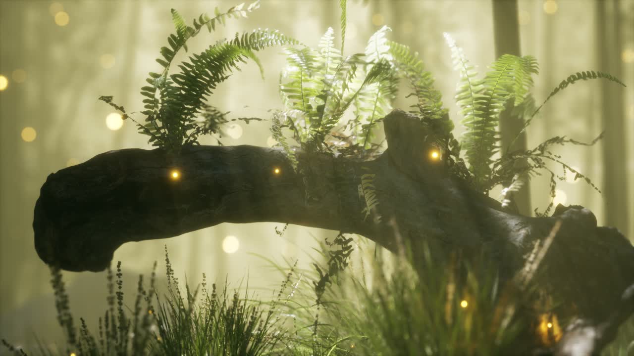 tronco del árbol doblado horizontalmente con helechos creciendo, y la luz del sol brillando