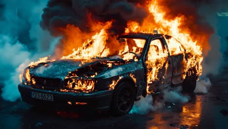 a burnt out car on fire in the middle of the street