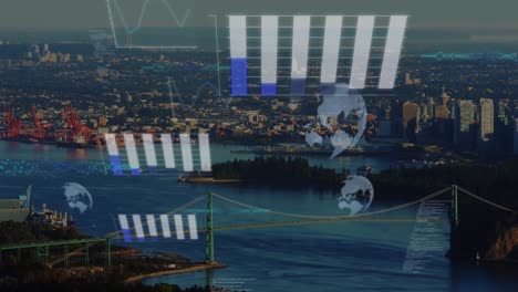 animación del procesamiento de datos financieros sobre el paisaje urbano