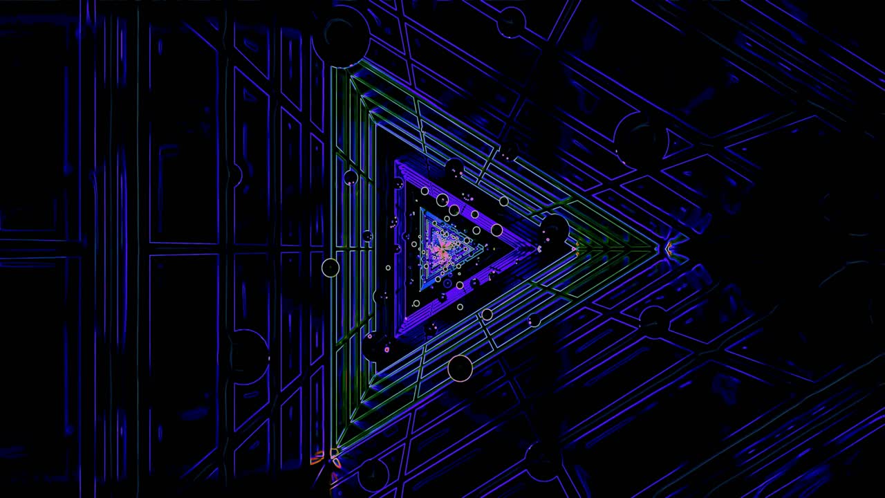 Ein lebendiger Neontunnel mit geometrischen Formen und dynamischen Bewegungen schafft eine visuelle Darstellung für Live-Auftritte. Er fesselt die Zuschauer mit leuchtenden Farben und fließenden Mustern.