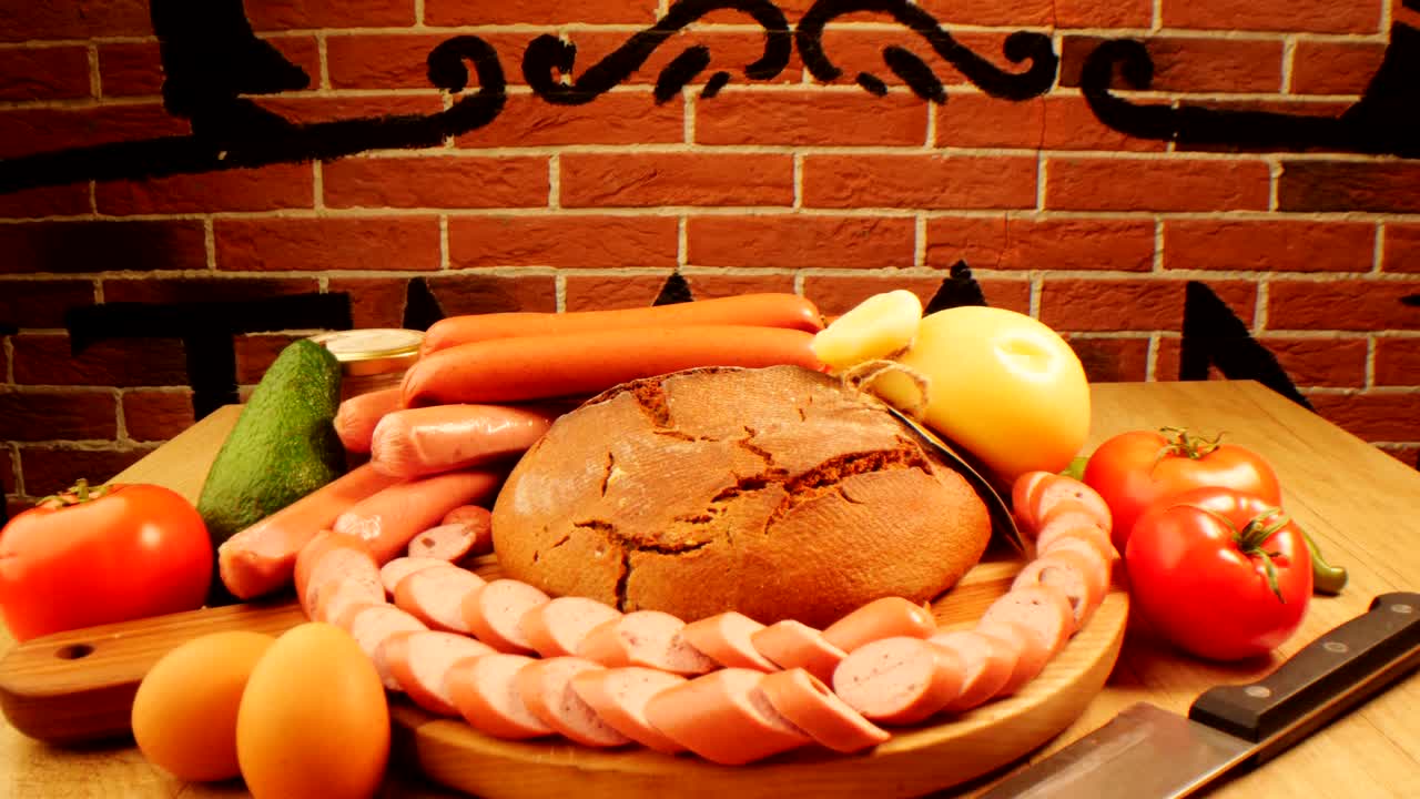 naturaleza muerta con sabrosas salchichas naturales y pan de centeno en la mesa