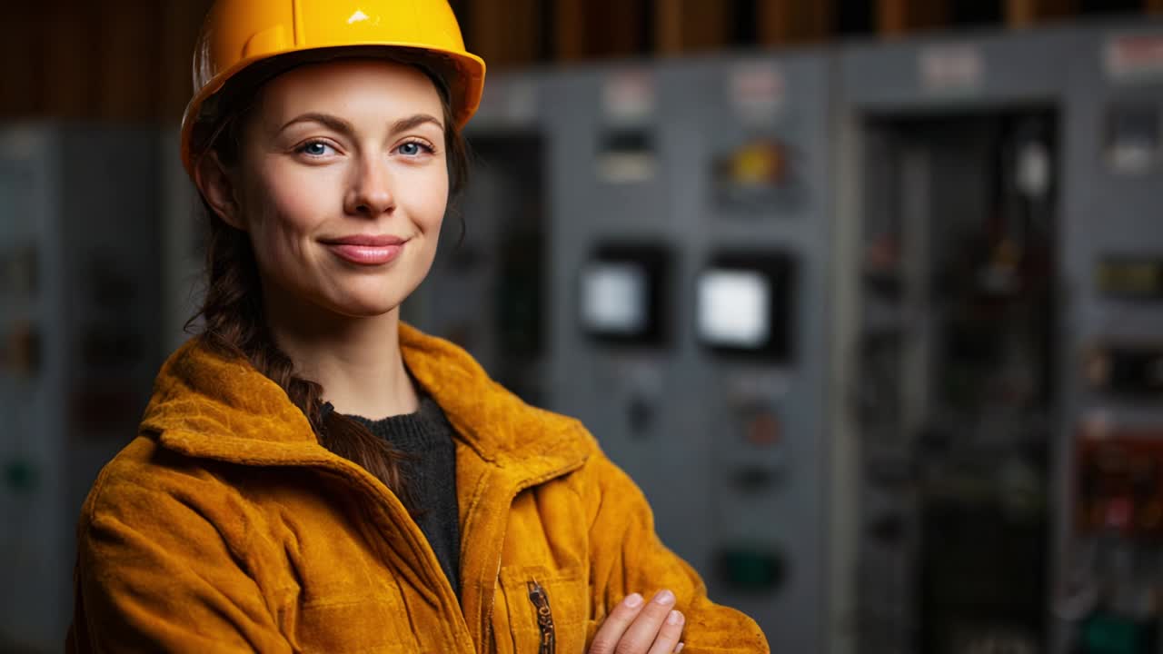 Confident Female Engineer in Safety Gear Standing Proudly with Electric Control Panels in the Background, Showcasing Professionalism and Expertise in the Engineering and Electrical Fields