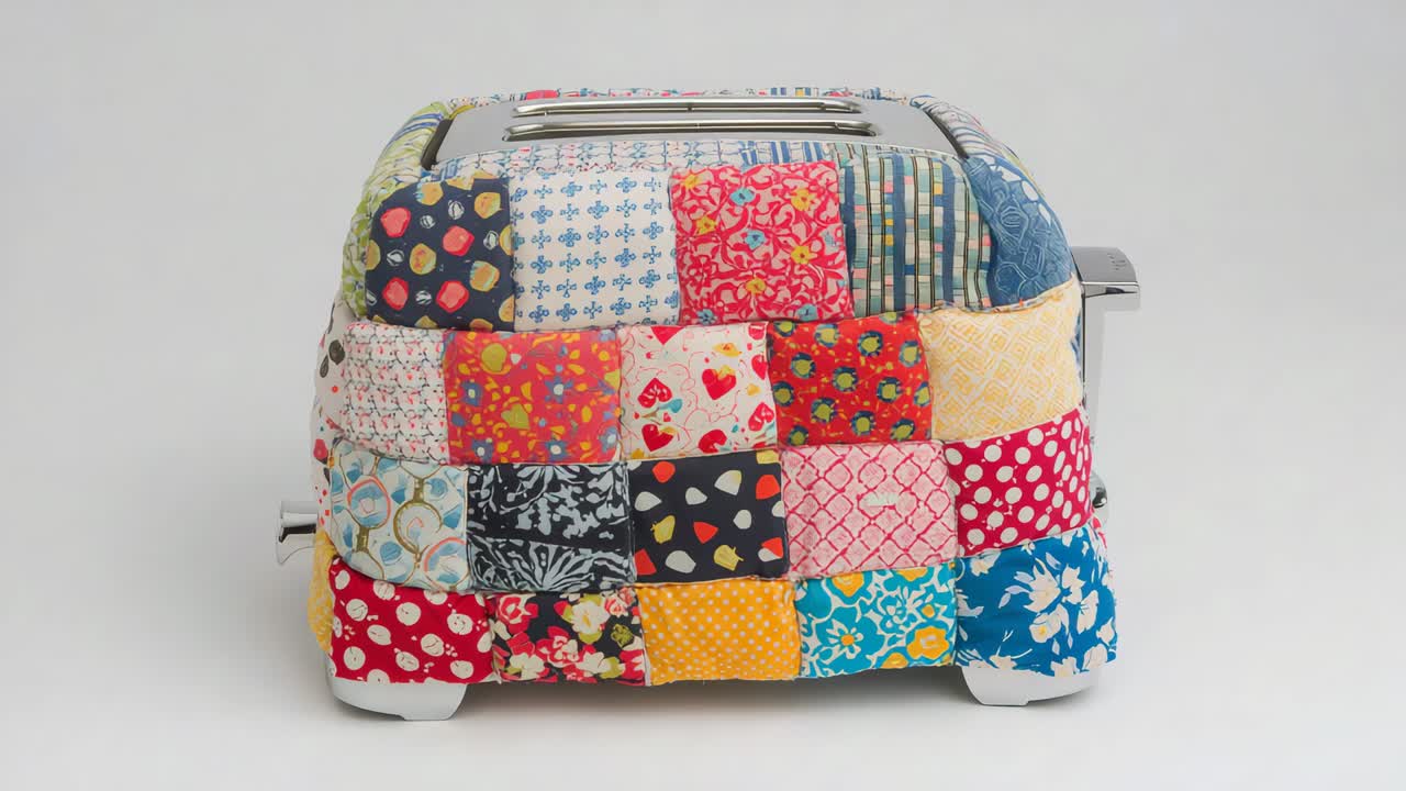 Starting camera filming 2-slice toaster with quilted cozy in studio for catalog showing chrome slot