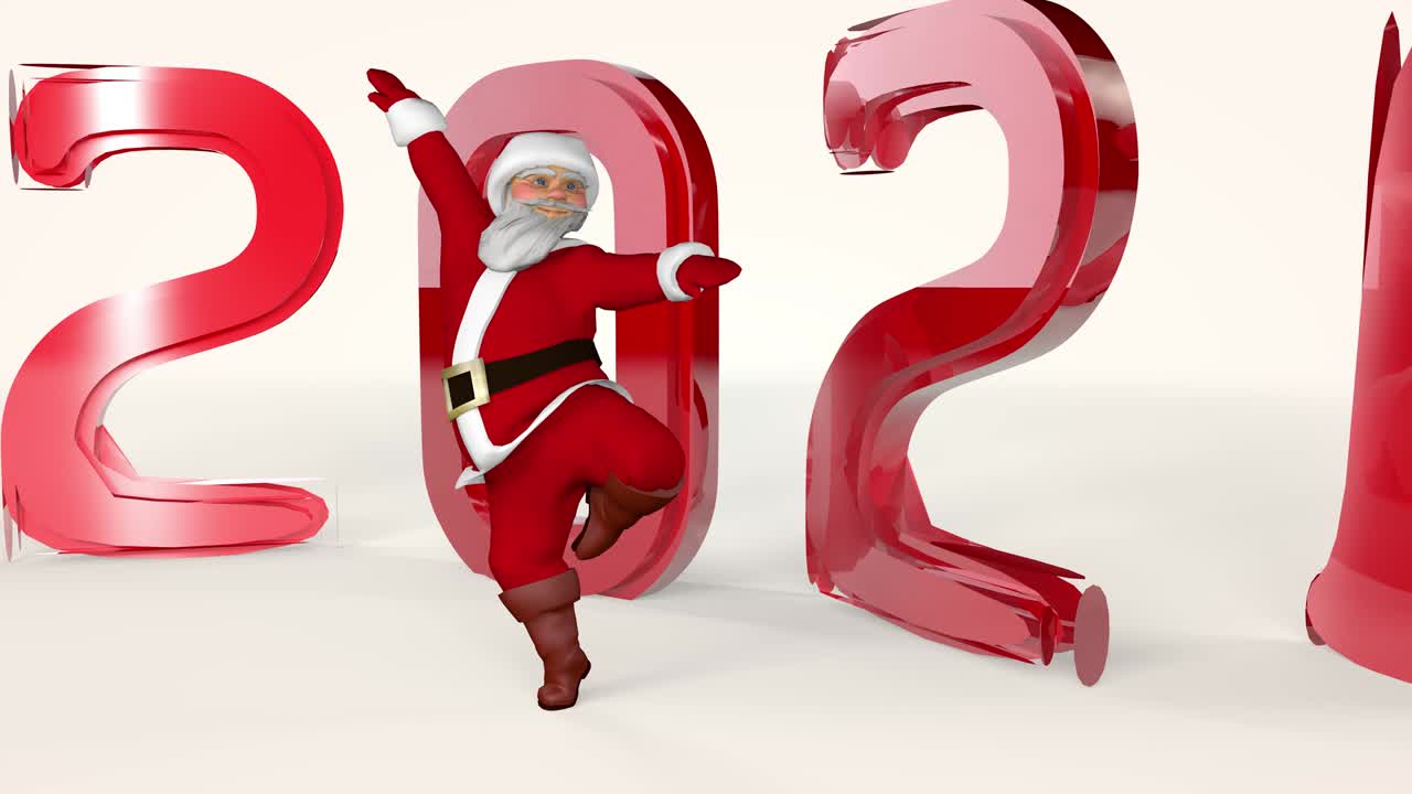 Kırmızı takım elbiseli neşeli Noel Baba dans ediyor. 3 boyutlu render