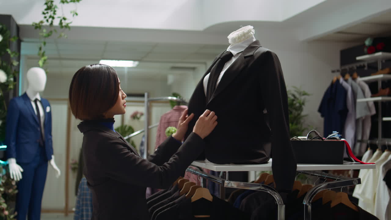 옷 가게 에서 마네킨 의 슈트 를 확인 하는 여자
