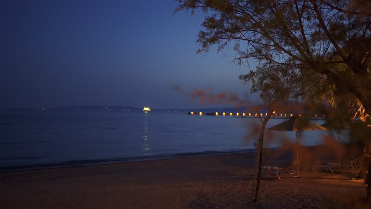 Seashore of Kalamata, revealed behind pine tree branches, focus pull transition, left pan movement, night footage. Lights of iconic pier on background 4K