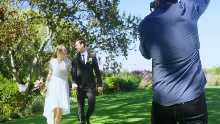 Fotograf fotograferer brudepar, der går hånd i hånd 4K 4k