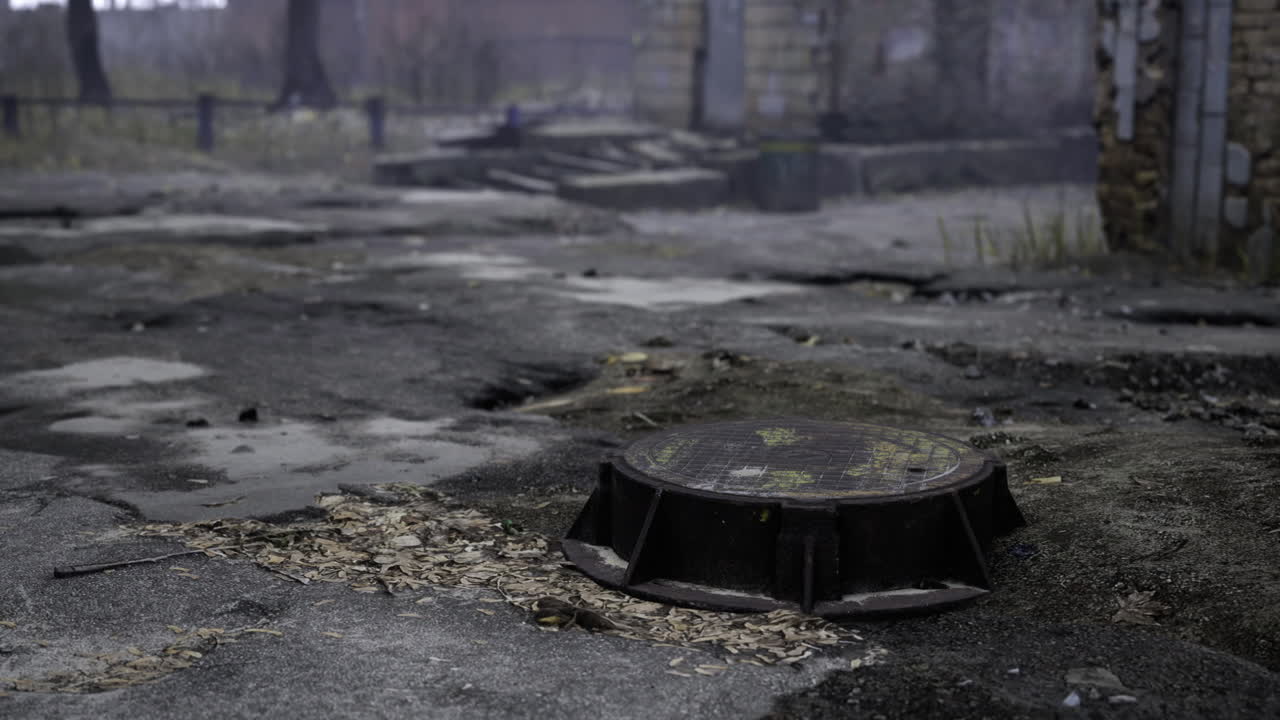 Dust settles on cracked pavement revealing remnants of a bygone era