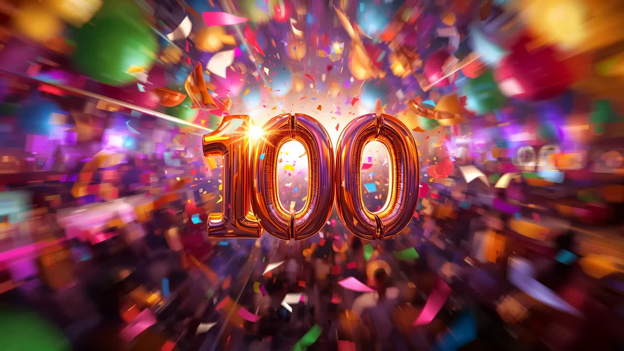 Moving foil numerals reading 100 shifting from burst to reveal at party, confetti, balloons, flares