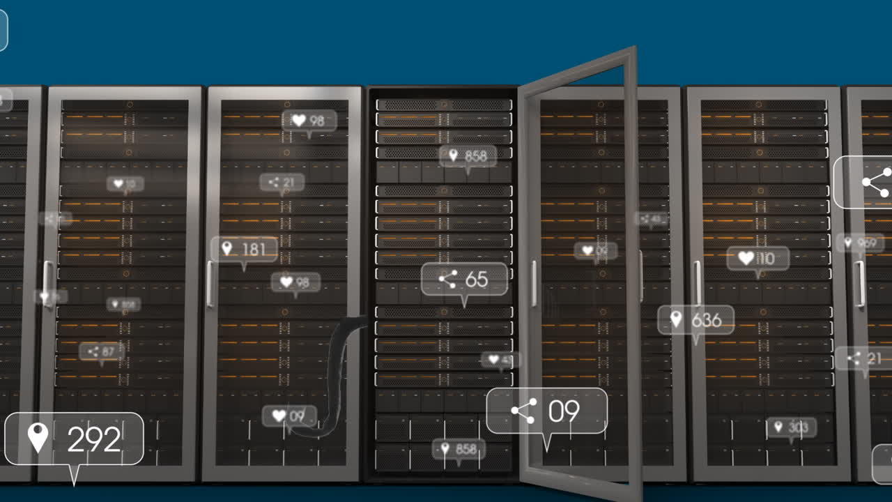 Animation of social media icons and data processing over computer servers