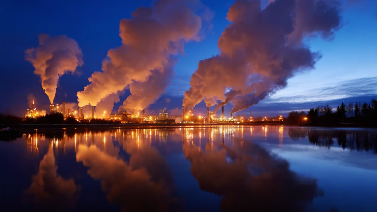 Et ærefrygtindgydende syn af industrielle skorstene, der udspyr tykke skyer af røg op i nattehimlen, mens deres spejlinger skinner på tværs af den rolige vandoverflade, hvilket fanger den fine balance mellem natur og industri