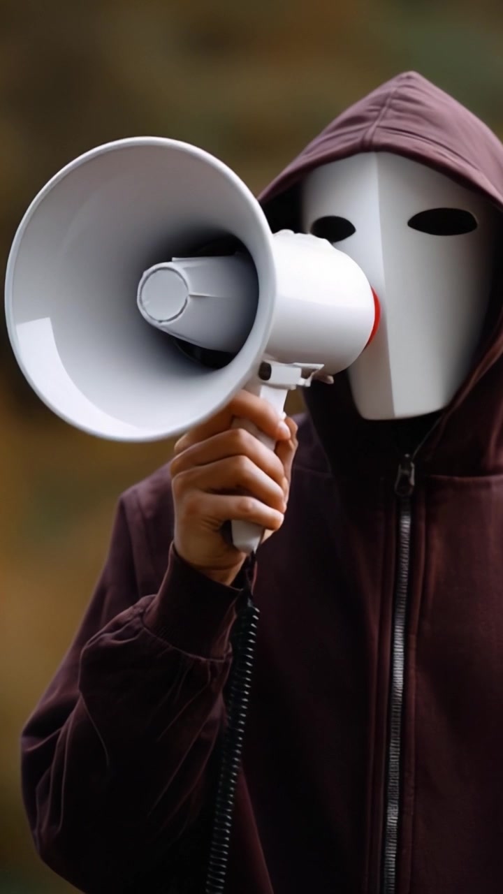 Figura misteriosa con maschera che tiene un megafono su uno sfondo naturale sfocato - Simbolo di protesta o comunicazione svelato