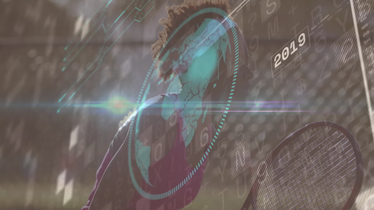 Woman holding racket while sports technology overlaying map, binary streams and 2019 label on court