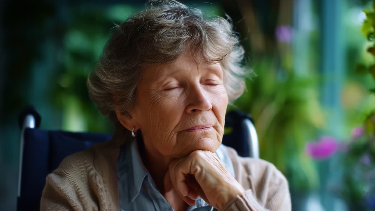 An introspective elderly woman in a serene environment, reflecting thoughtfully while seated in a wheelchair, showcasing emotions and wisdom through her gaze