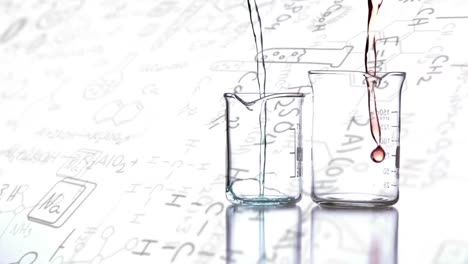 chemicals falling in the beakers against chemical structure and formulas on white background