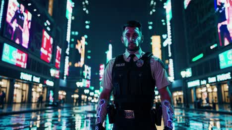 cyberpunk police officer in neon city