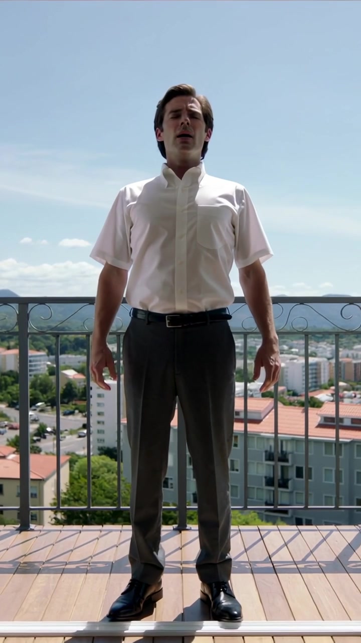 Video verticale: Attraversando una porta scorrevole in vetro, un uomo in camicia bianca entra in balcone, respirando.