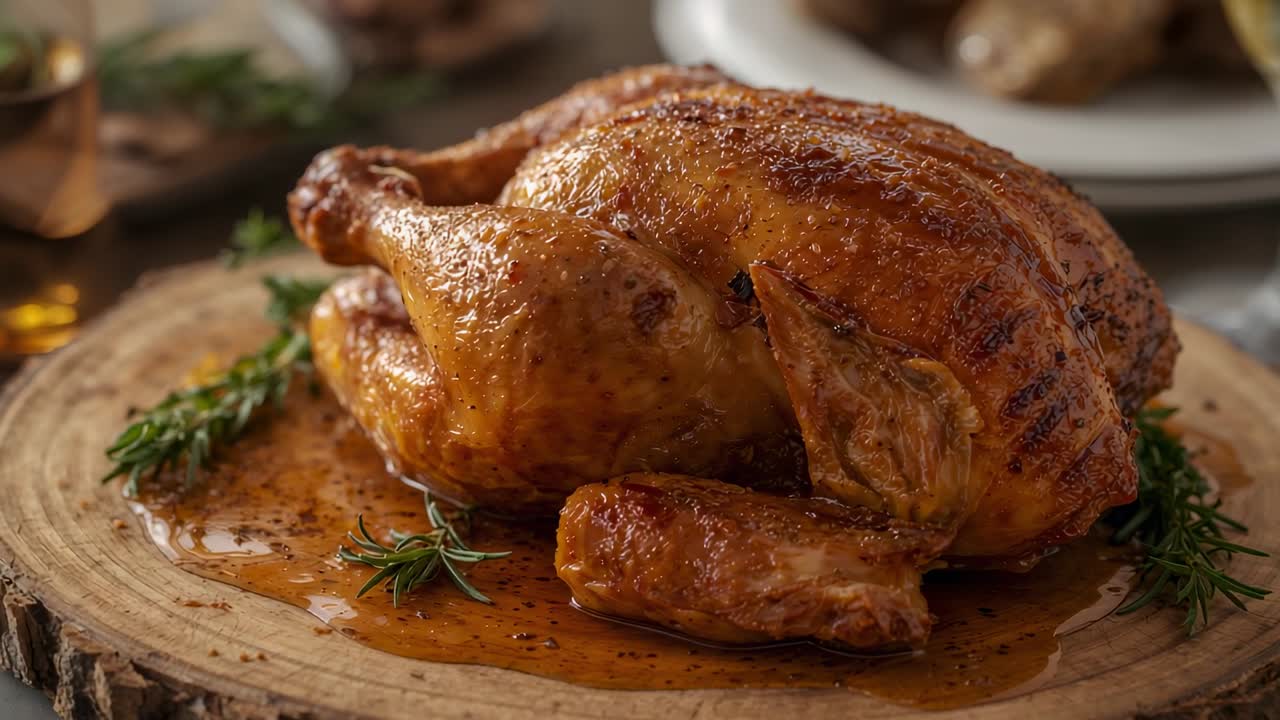 Pollo arrosto esposto su un tagliere di legno sul tavolo, con rosmarino e sugo in attesa di essere tagliato.