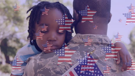 animation of stars with usa flags over african american soldier father hugging daughter