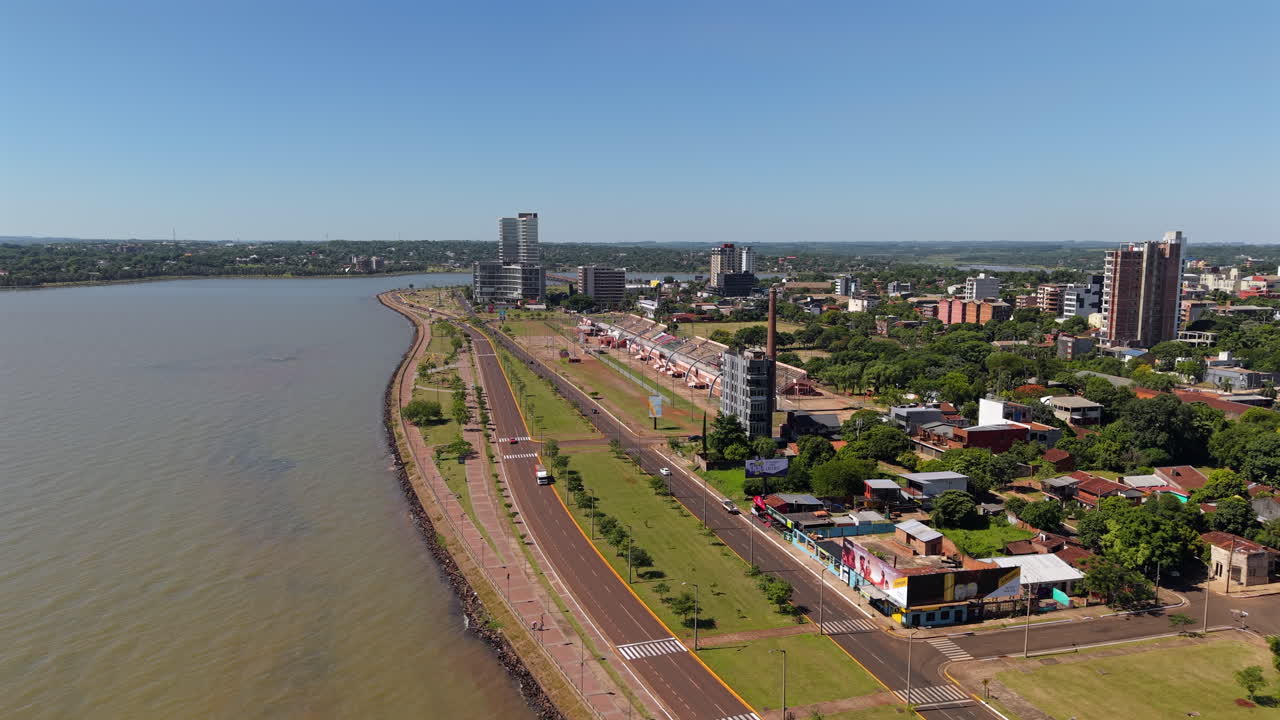 Panoramic view of scenic waterfront of Encarnación and iconic Sambadrome. Cultural center. Paraguay